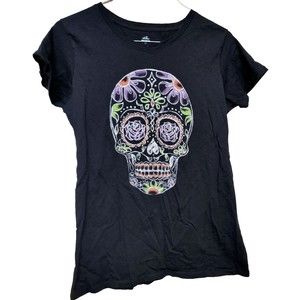 Black Skull T-Shirt Size Large Sugar Skull Halloween Horror Gothic